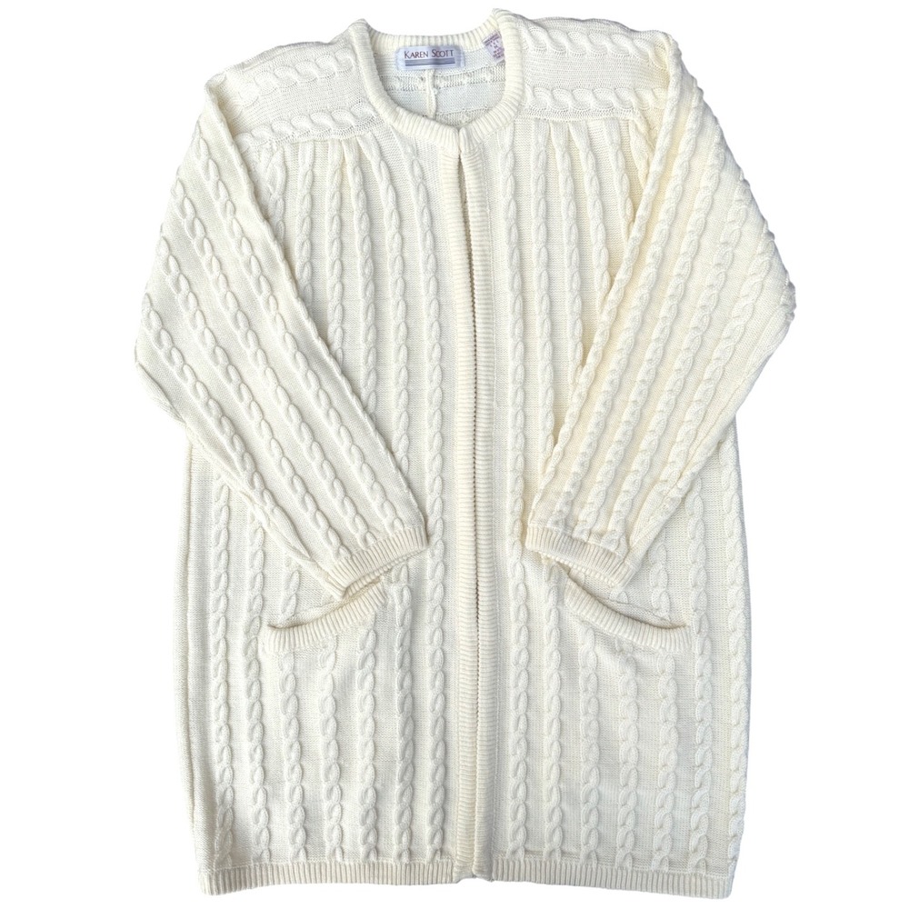 Karen Scott Cream Cable Knit Long Cardigan Sweater Pockets Women's Size M‎